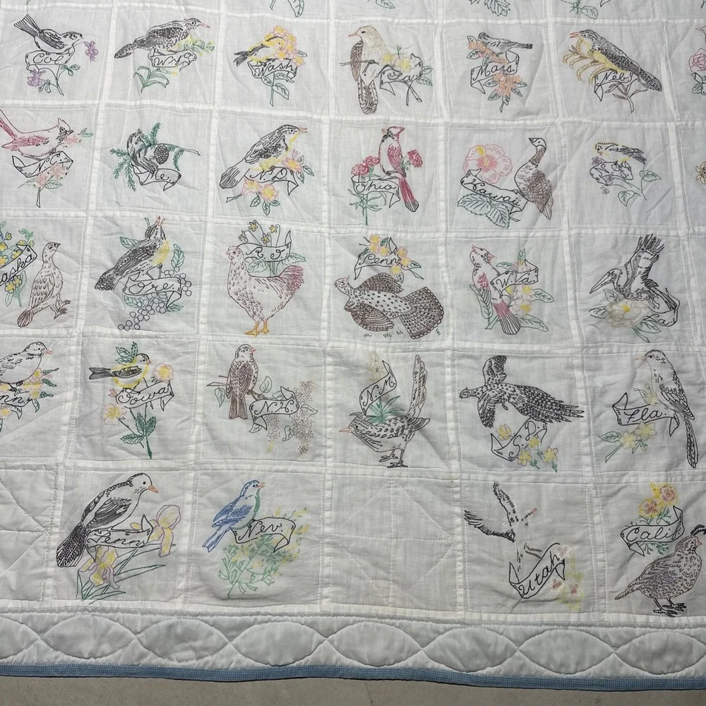 Vintage Quilt State Birds & Flowers Hand Drawn Homemade 71